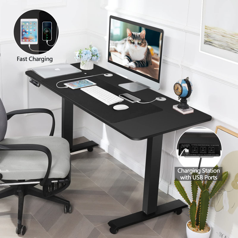 Koni Height Adjustable Gaming Standing Desk with Built in Outlets, Black