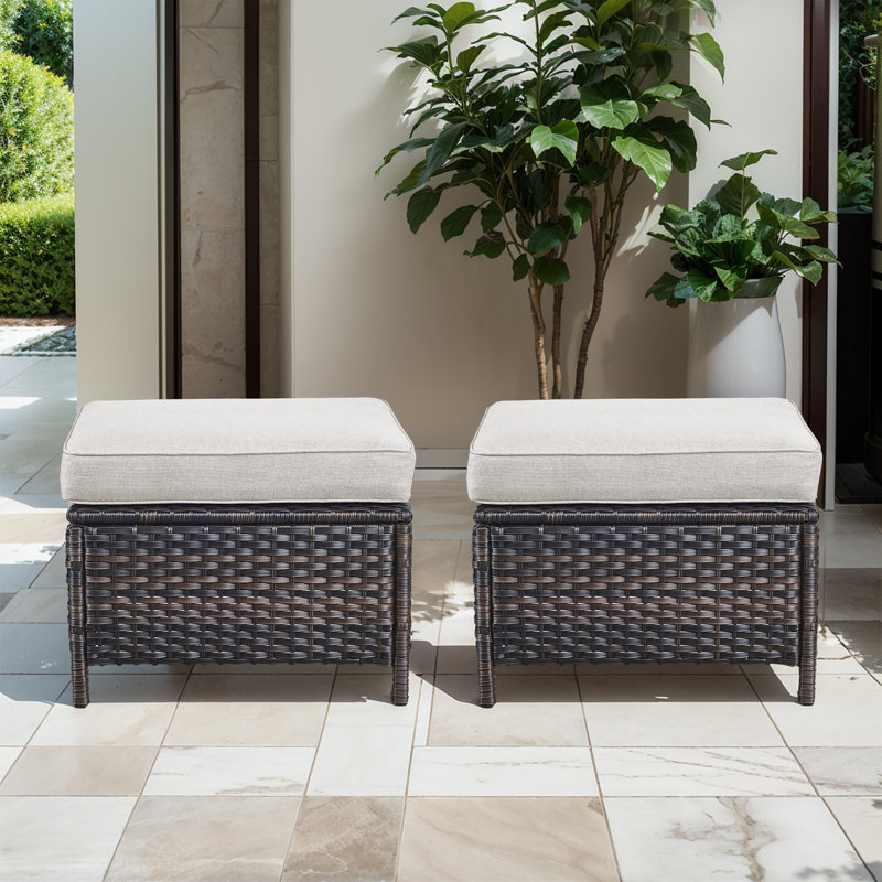 Repose-pieds d'extérieur en osier avec coussins Schutt, Beige, Brun