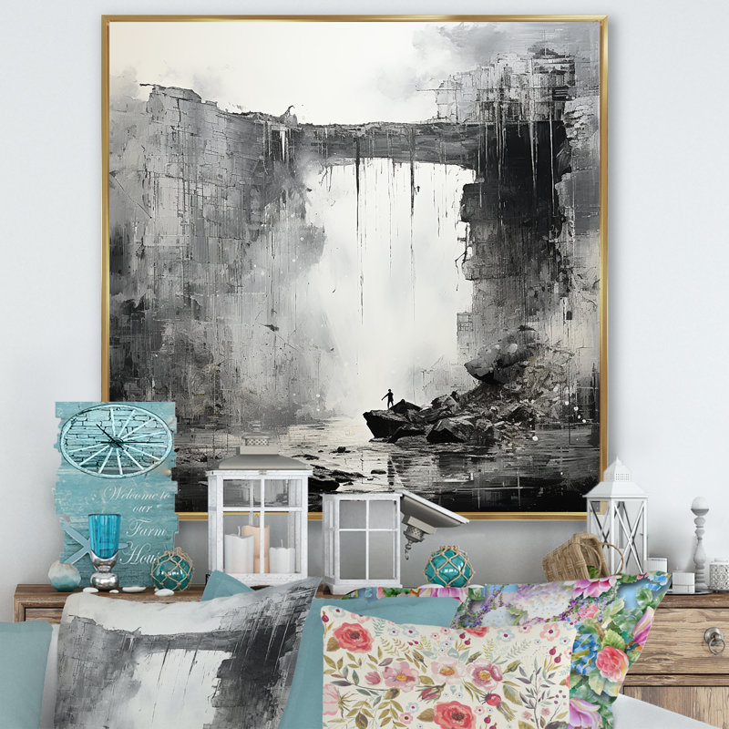 Adventourous Waterfall Caves sur impression sur toile, Cadre flottant doré, 16" H x 16" W