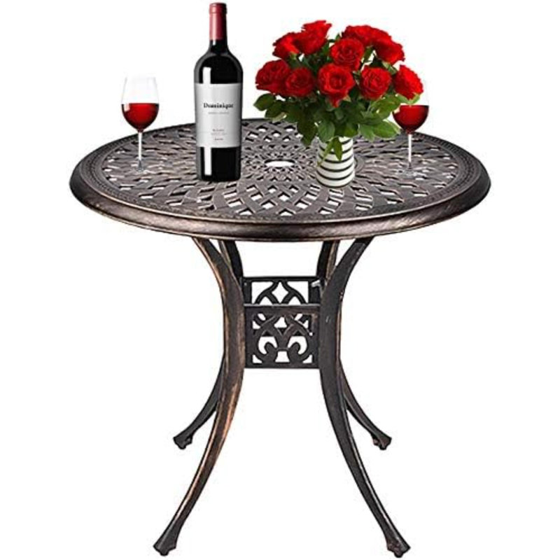 Patio Dining Table, Cast Aluminum Outdoor Bistro Table With Umbrella Hole Round Conversation Table, Antique Bronze