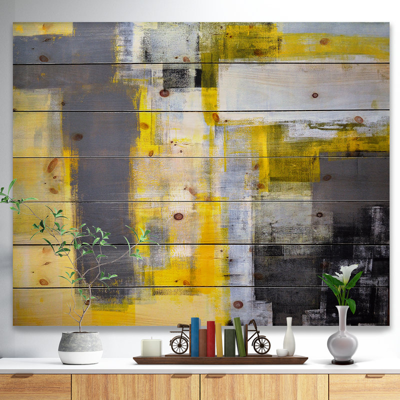 Art abstrait sur toile abstraite, impression moderne flou jaune et gris - Abstrait flou gris et jaune, Bois