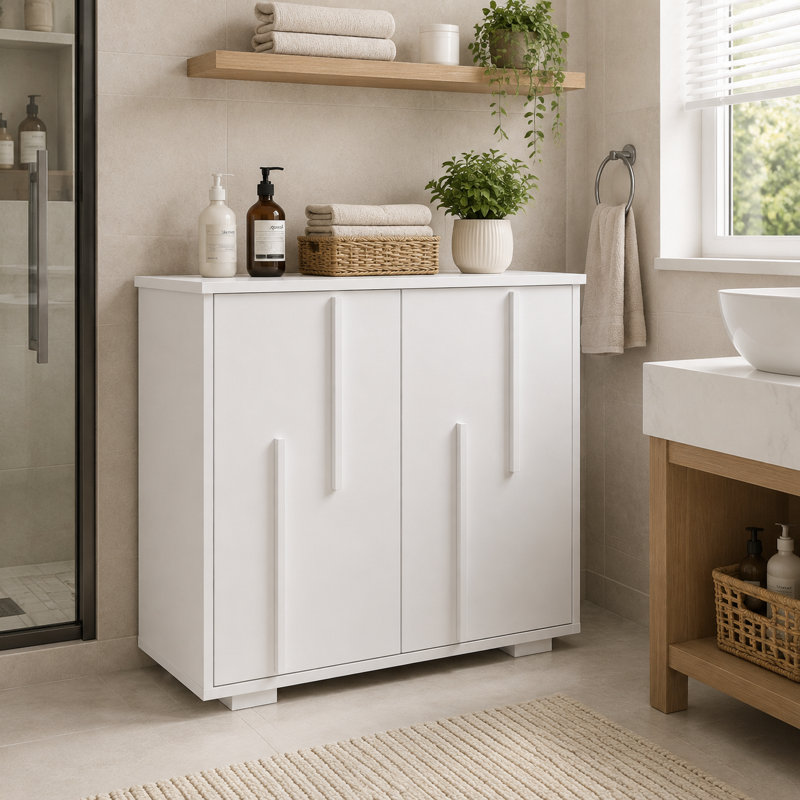 Armoire de rangement pour buanderie autoportante avec portes cannelées, 2 sacs de rangement amovibles en tissu munis de poignées pour salle de bain et buanderie