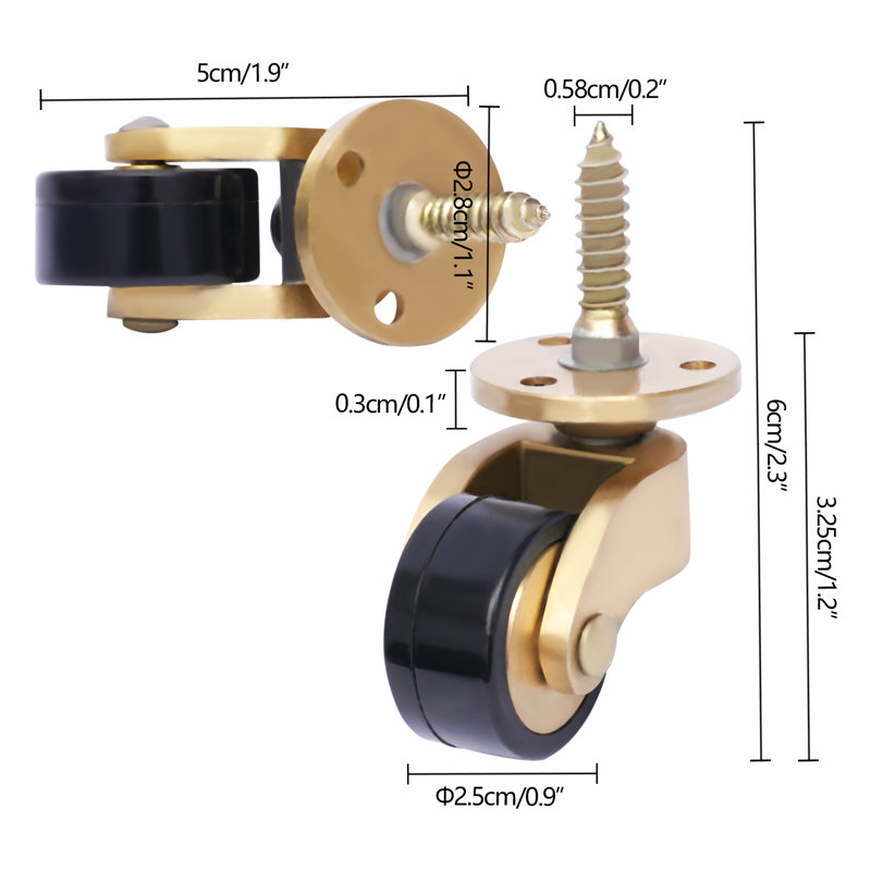 Brass Furniture Casters Set, 360° Swivel Wheels