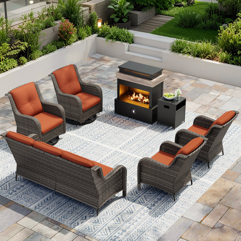7-Person Outdoor Patio Conversation Rattan Seating Group With 5000BTU Fireplace,4 Chairs and Orange Cushions, Orange