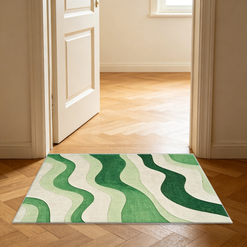 Green Beige Wavy Stripes carpet-easy to clean, machine-washable, soft and comfortable; suitable for door mats, kitchens, living rooms, bedrooms, corridors, and laundry areas. Easy to clean, durable carpet for home decoration.