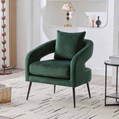 Chaise de salle à manger tonneau rembourrée en tissu de velours de style moderne avec dossier ouvert et pieds en métal, canapé rond confortable