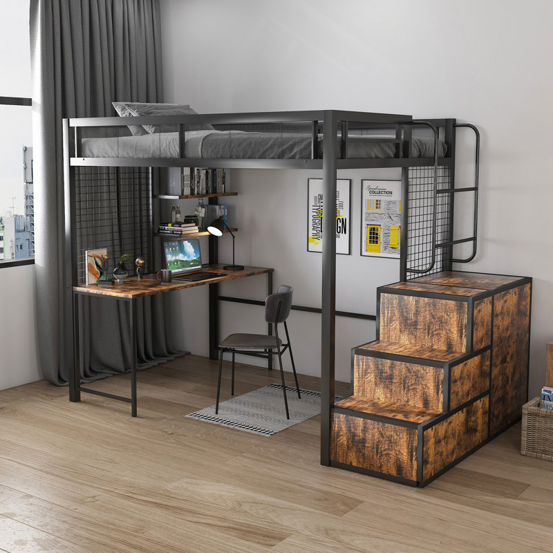 Lit mezzanine avec bureau et charge USB - structure en métal lourd, 4 tiroirs cachés, escalier et support de rangement noir peu encombrant avec prises de courant