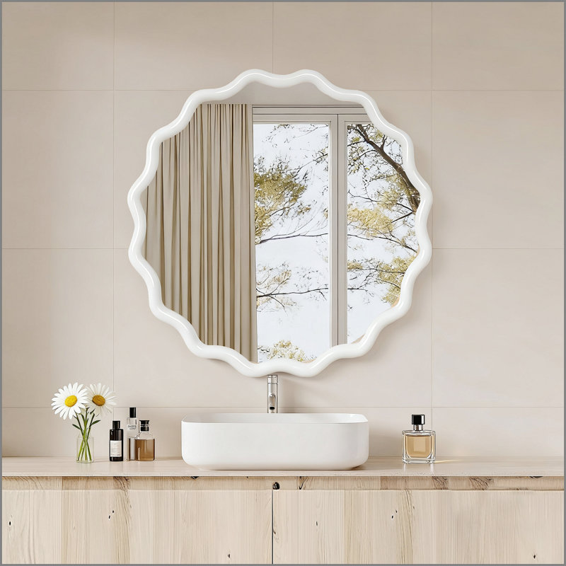 Miroir décoratif blanc rond en bois massif ondulé de 30 pouces pour la chambre à coucher, la salle de bain, le salon et le vestibule