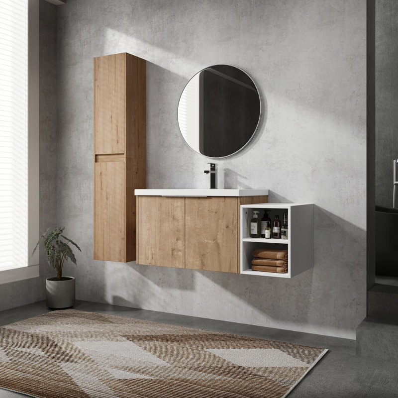 Meuble-lavabo moderne 42 po avec lavabo en résine et armoire latérale, 42"