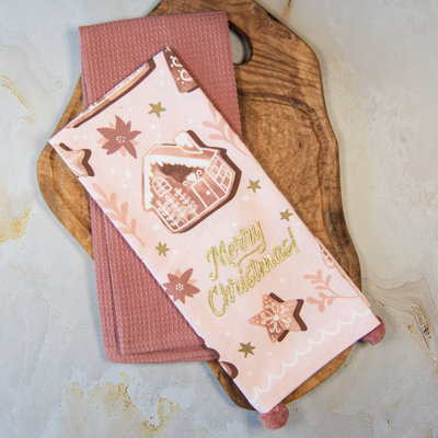 Pink Gingerbread House Two Tea Towel Set
