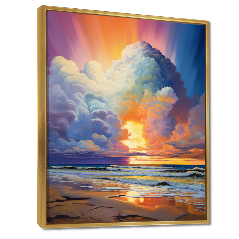 Portail divin dans le ciel avec vue sur la plage et l'océan, Toile avec cadre flottant or, H 32 po x l 24 po x P 1 po