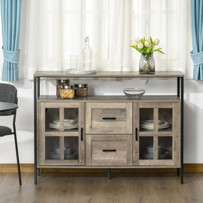 Industrial Sideboard Buffet Cabinet, Kitchen Cabinet, Coffee Bar Cabinet With Adjustable Shelves, Glass Doors, And 2 Drawers For Living Room, Gray
