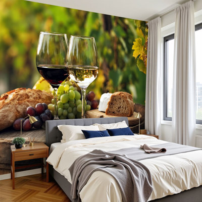 Peel and Stick Wallpaper Two glasses white red wine old barrel outside vineyard Wall Murals 100"H x 144"W Removable PVC Wall Paper Self-Adhesive Wall Paintings Art Decor for Bedroom Living Room