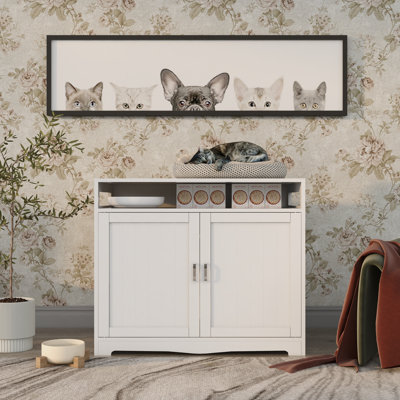 Meuble de litière caché: salle de bain pour chat d'intérieur et banc de rangement avec prise dissimulée, 2 portes, grande enceinte en bois, table d'appoint blanche