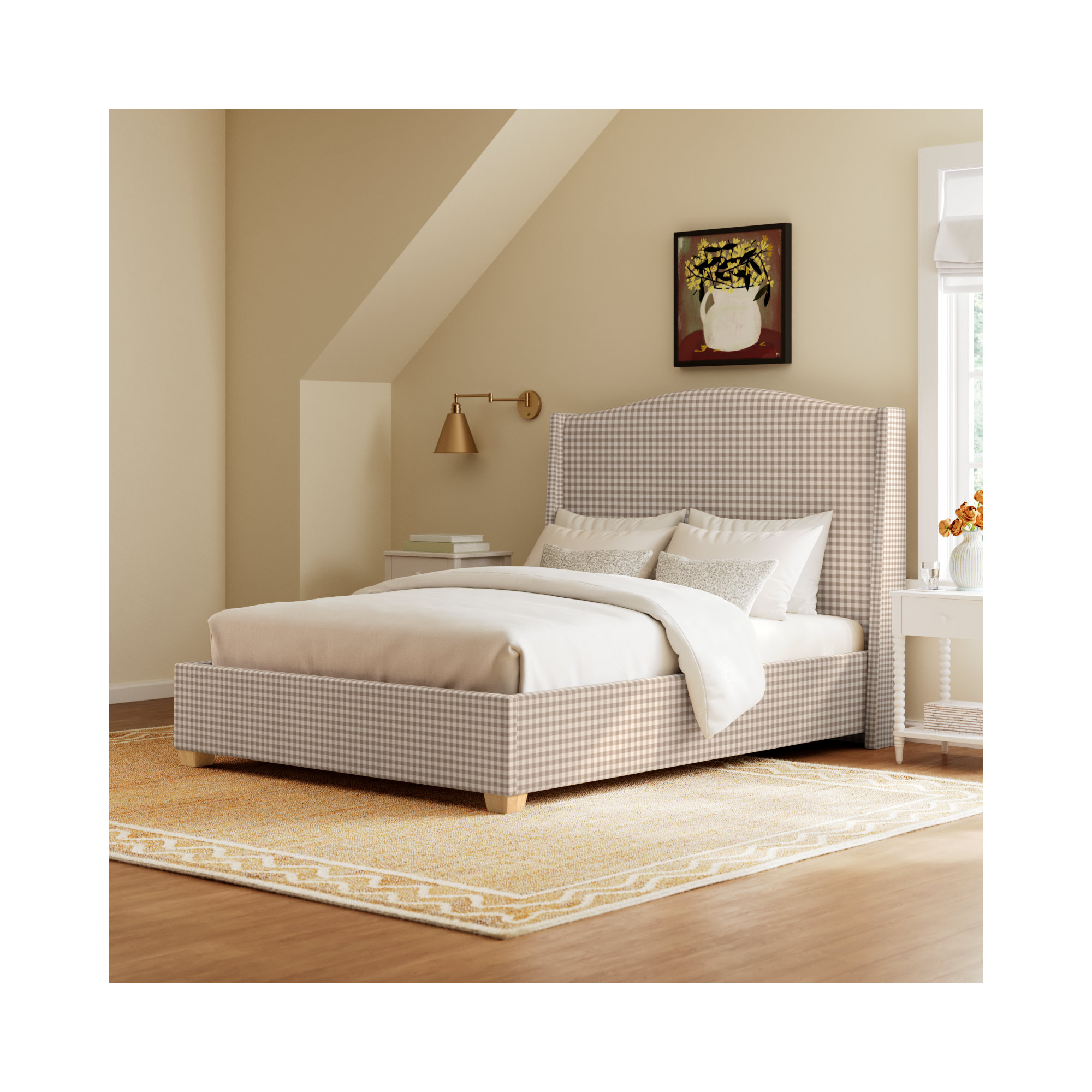 Allis Upholstered Wingback Bed, Queen, Classic Gingham Tan