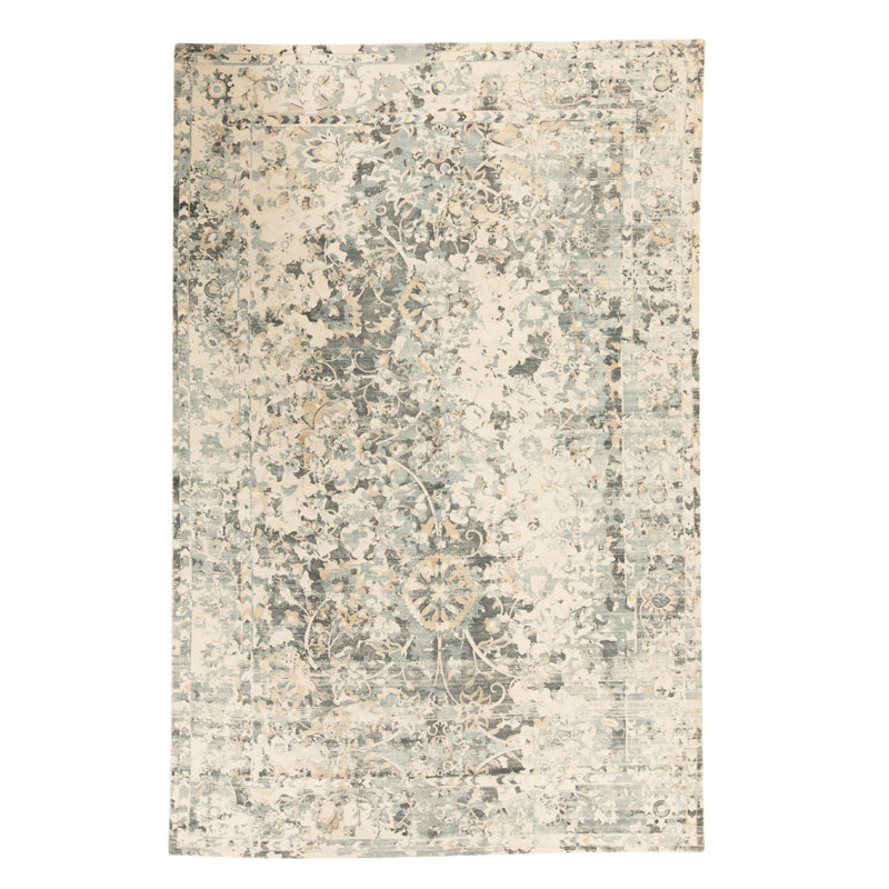 Tapis bleu / beige en viscose noué à la main de conception unique 5 pi 8 po x 8 pi 7 po
