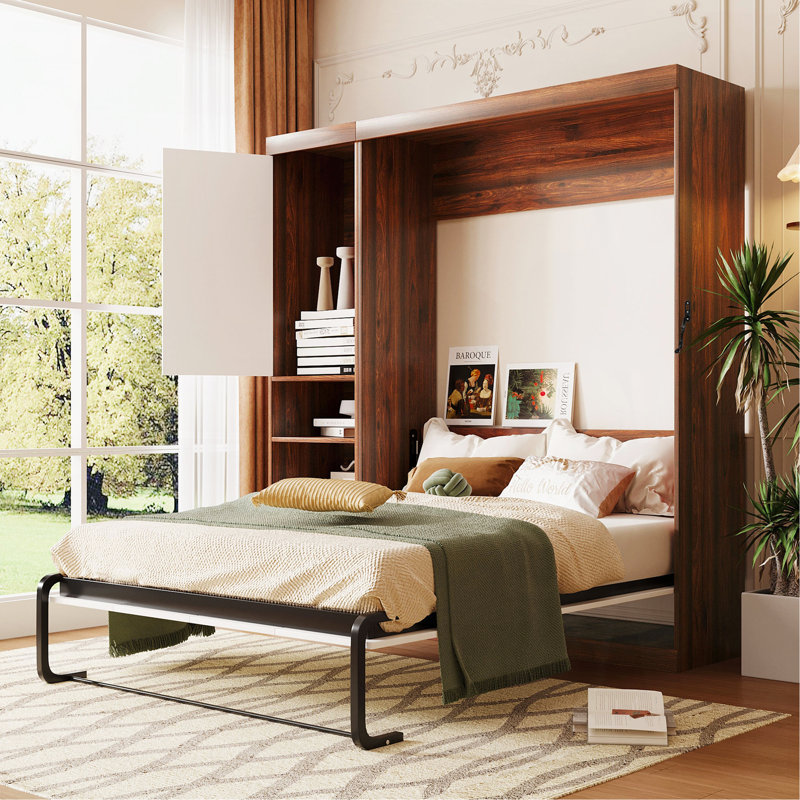Lit escamotable double pleine grandeur avec armoire, blanc
