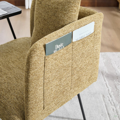 Fauteuil de loisir, fauteuil de détente avec petite table et coussin de dossier, chaises rembourrées modernes avec pieds en métal et poches latérales, canapé simple pour le salon / la chambre / le jardin
