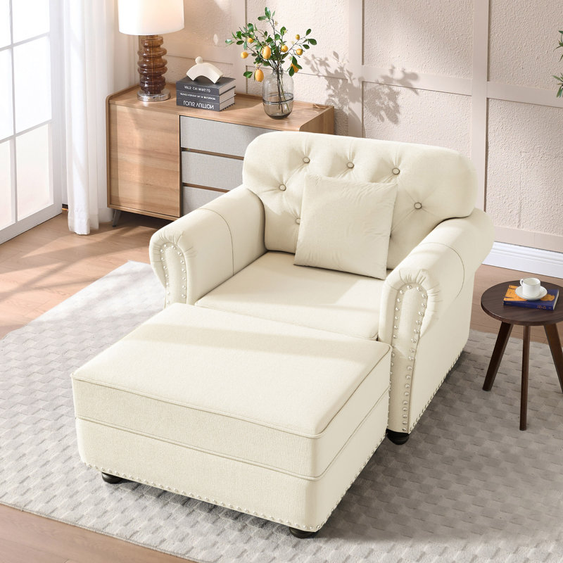 Petit fauteuil d'appoint rembourré avec repose-pieds Mid-Century, Beige / Blanc