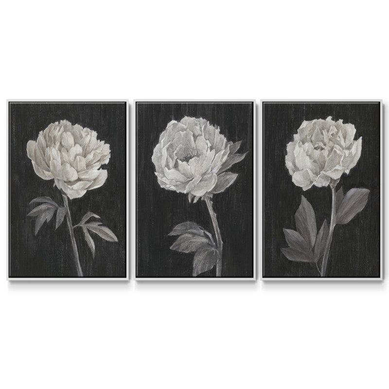Fleurs noires et blanches I 3 pièces, H 40 po x l 78 po, Blanc