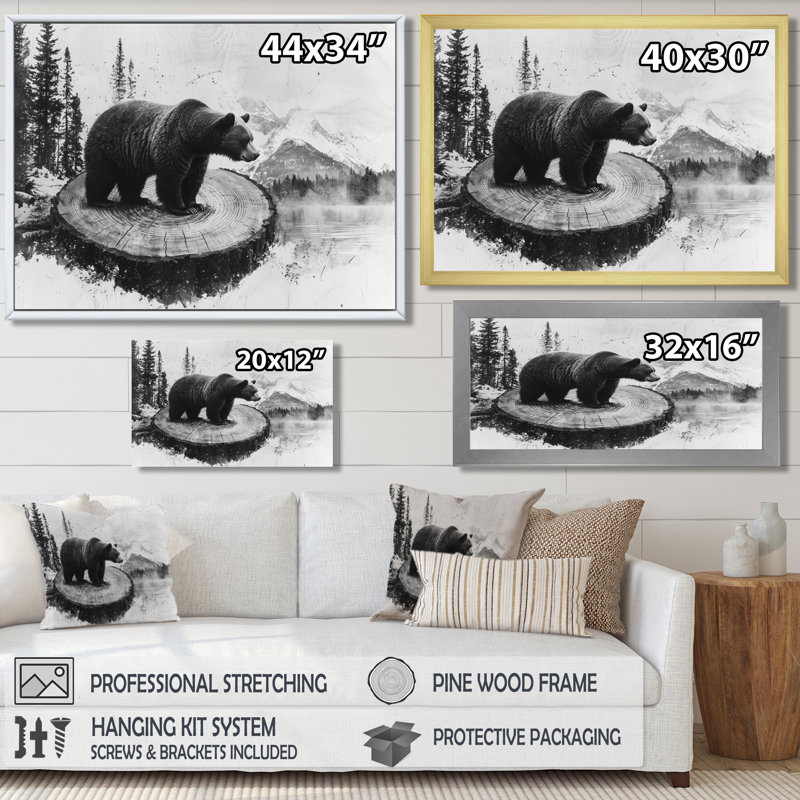 Bear Into A Monochrome Forest Landscape - Bear Wall Art, Single Picture Framed, Black, 12" H x 20" W