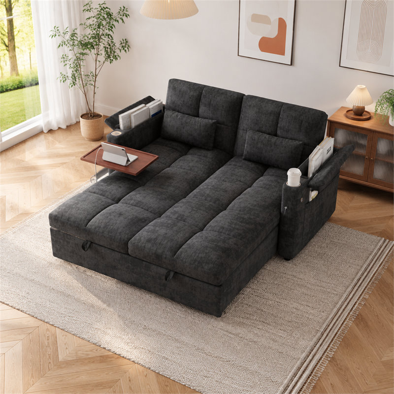 Canapé-lit convertible noir de 168,5 cm (66,38 pouces) avec dossier réglable à 5 positions, port USB, espace de rangement, tablette latérale pliable et porte-gobelet, idéal pour les appartements et les salons.