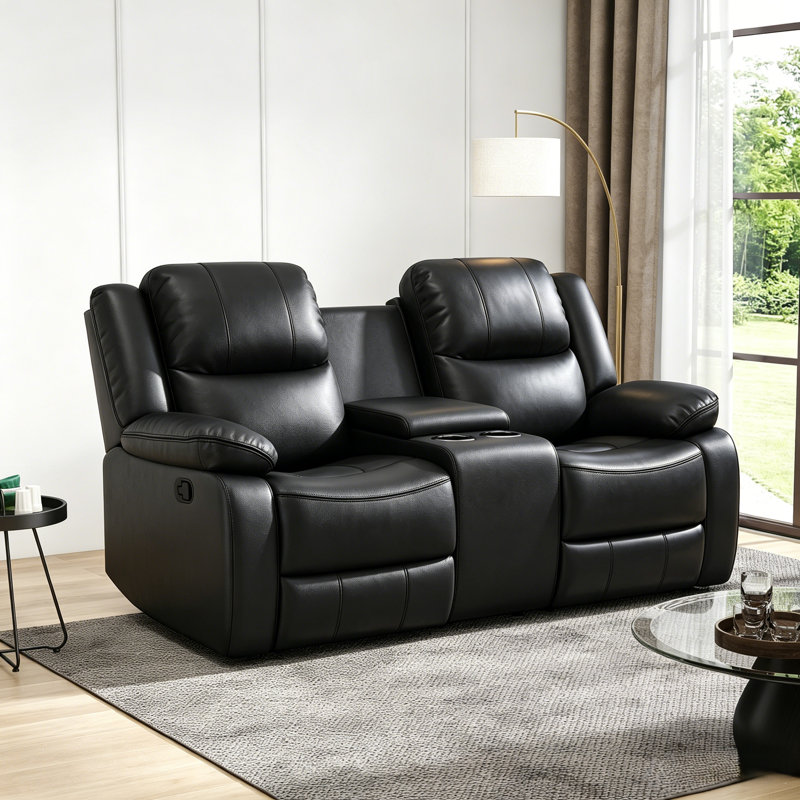72.8" W Faux Leather Upholstered Reclining Loveseat with Cup Holders, Black