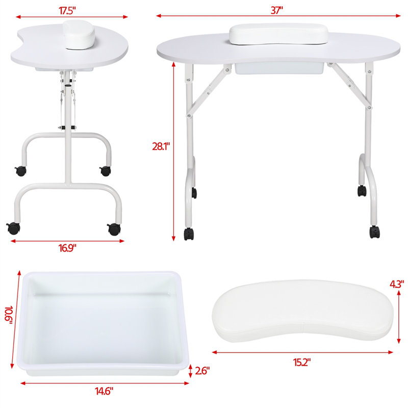 Folding Manicure Table with Lockable Wheels and Bag, White