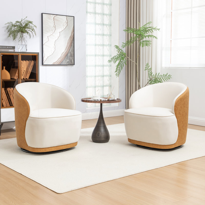 Fauteuil demi-tonneau pivotant en velours Stith, Moutarde / velours blanc