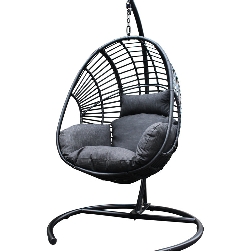 Balancelle noire d'extérieur et d'intérieur avec coussin et base de couleur, siège confortable en mousse gris foncé, structure en métal à suspendre en PE, rembourrage doux et stable, structure