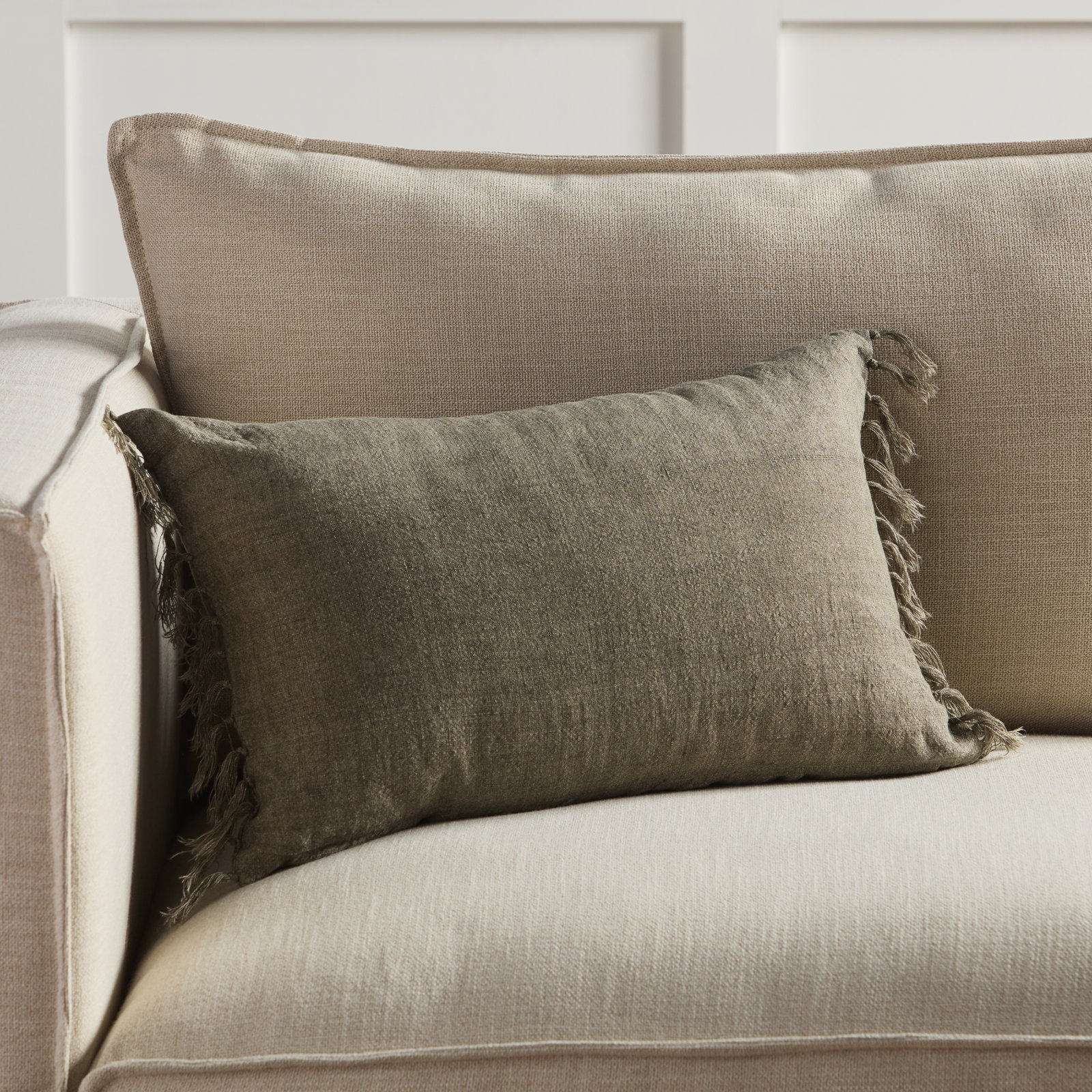 Sharron Tassels Linen Lumbar Throw Pillow, Sage, Polyester/Polyfill