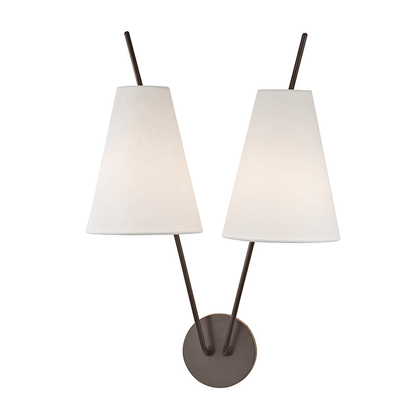 Old Bronze Dual Light Sconce with White Linen Shades