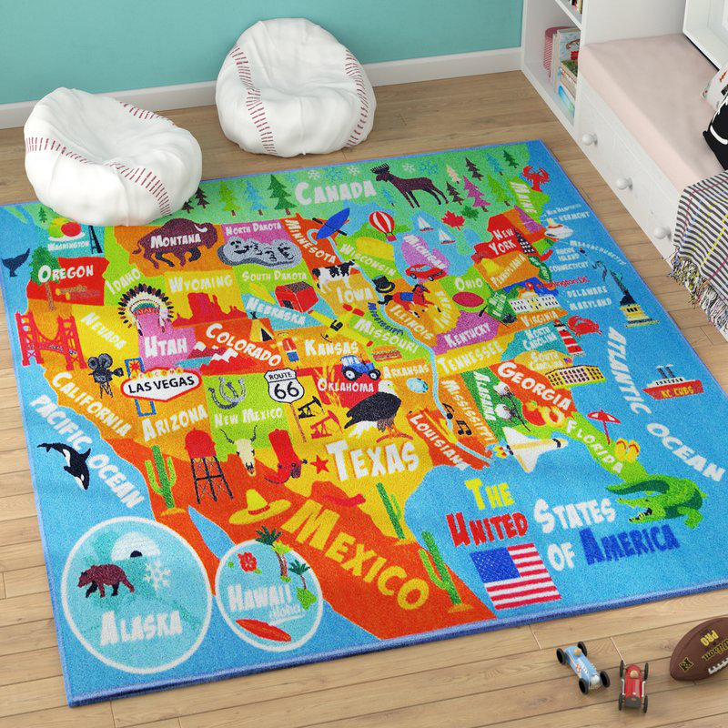 United States Map Educational Learning Game Play Non Slip Kids Rug Carpet Classroom Playroom Mat, Rectangle 3'3" x 4'7"