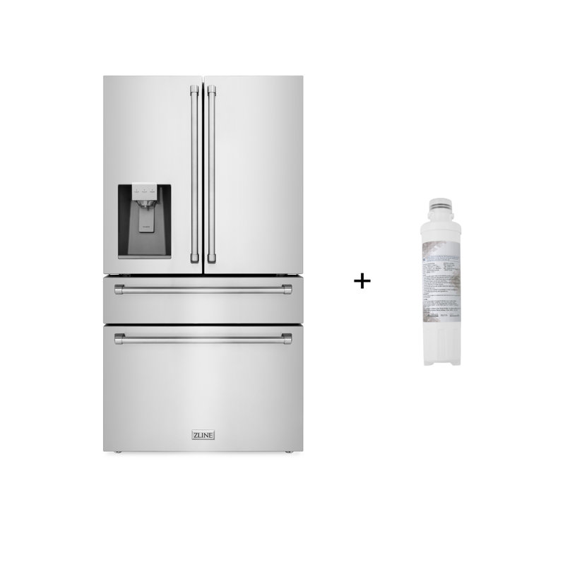 ZLINE 36" 21.6 cu. ft. 4-Door French Door Refrigerator with Water and Ice Dispenser and Water Filter, Stainless Steel