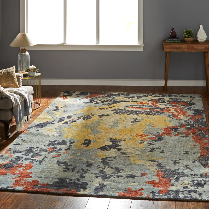 Wool Abstract Area Rug in Blue/Brown/Red, Rectangle 4' x 6'