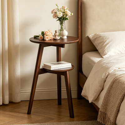 23.62-in Tall Solid Wood Round End Table, 2-Tier Small Side Table with Lower Storage Shelf, Walnut Sofa Side Table