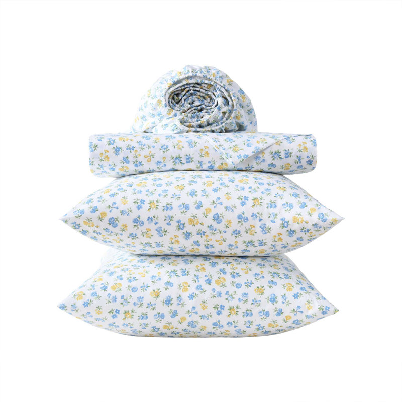 Laura Ashley Printed Cotton Percale Sheet Set, Twin Sheet Set with 1 Standard Pillowcase, Ditsy Doodle Blue