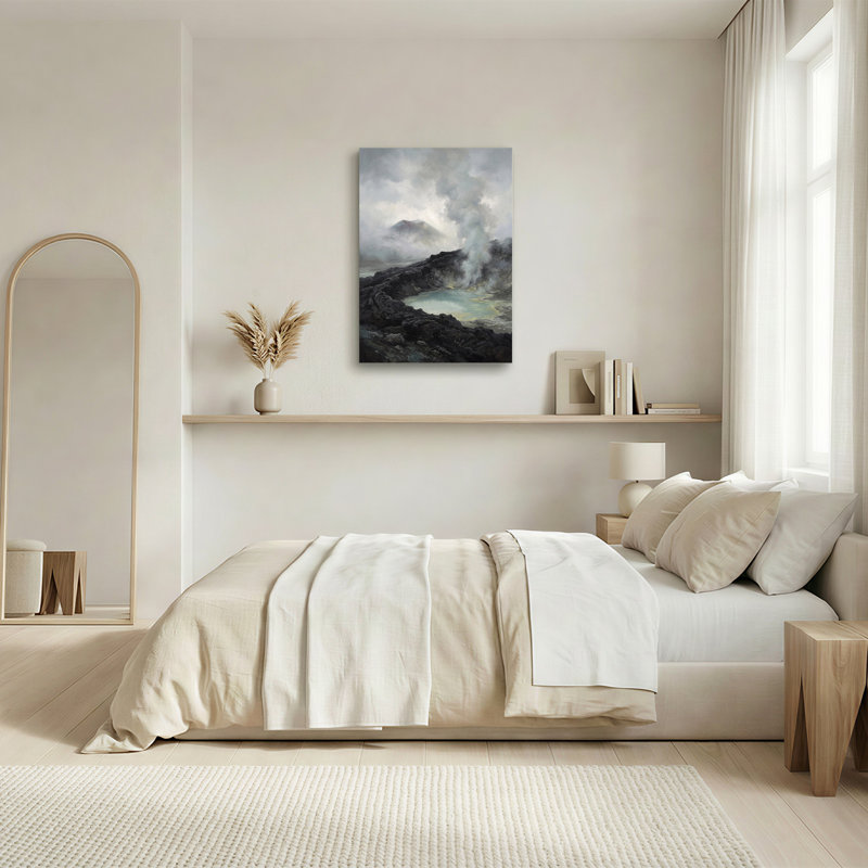Art mural sur toile, cratère volcanique foncé et lac brumeux, H 40 po x l 28 po