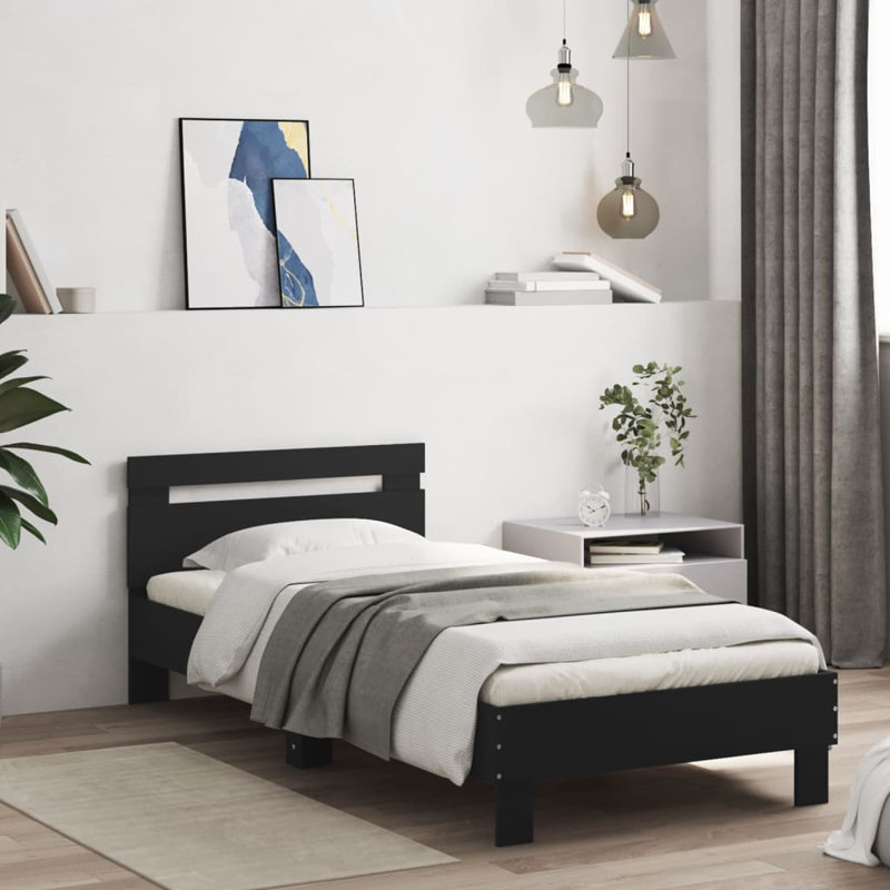 17 Stories Bed Frame With Headboard And LED , Black, Small Single (2'6)
