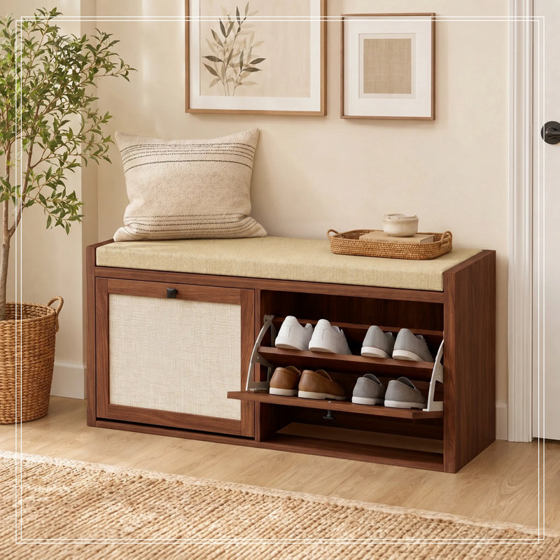 Banc de rangement à chaussures en rotin avec coussin rembourré et 2 placards