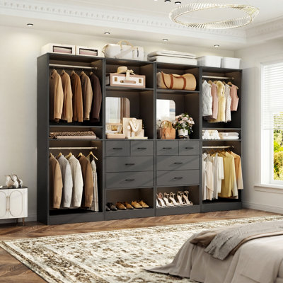 100" Closet System with Drawers, Closet Organizer with Hanging Rods and Mirror Design