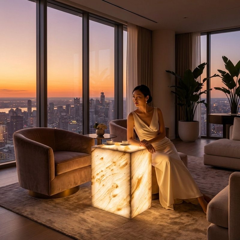 Plutus Brands Signature Natural Marble Side Table - Modern Luxury With Dimmable Led Glow