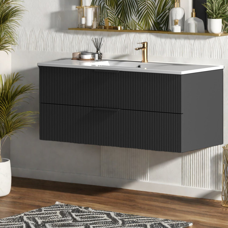 Meuble-lavabo mural moderne noir avec lavabo en céramique, rangement spacieux