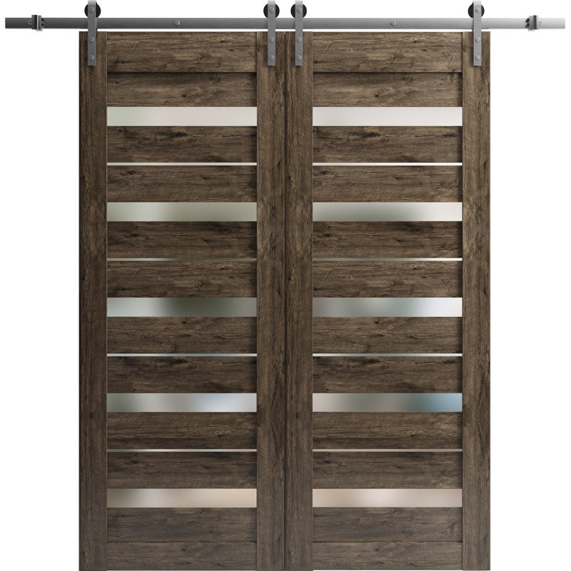 Porte de grange double robuste avec vitrage dépoli Quadro 4445 Chêne Cognac, supports de rail de 3,96 m (13 pi), portes intérieures à panneaux massifs - 142 cm x 213 cm (56 po x 84 po) (2 x 71 cm x 243 cm) - Rail argenté