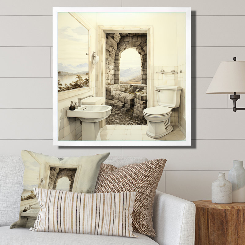 Beige Toilet Minimalist I - Bath & Laundry Wall Art Prints, Cadre simple blanc, H 36 po x l 36 po x P 1,5 po