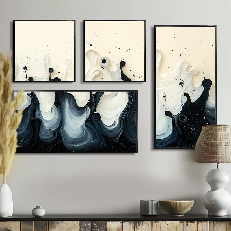 Vague blanche volcanique rythmique III - art mural abstrait 4 pièces, Noir, Impression encadrée sans passe-partout