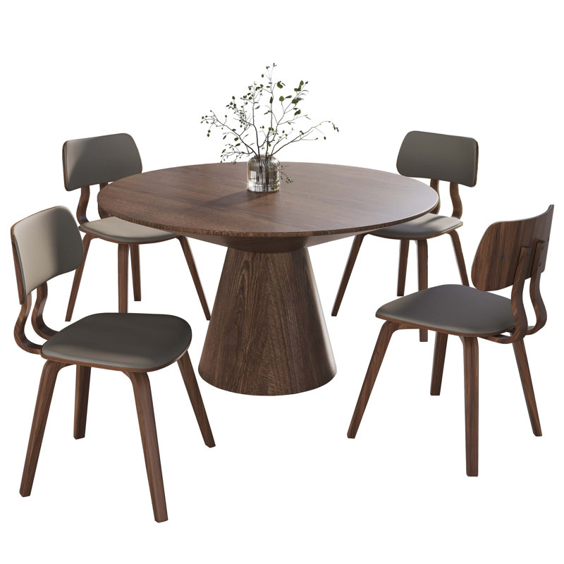 5-Piece Dining Set Round Dining Table With Ash Wood Walnut Top And 4 Leather Dining Chairs In Stained Wooden Legs