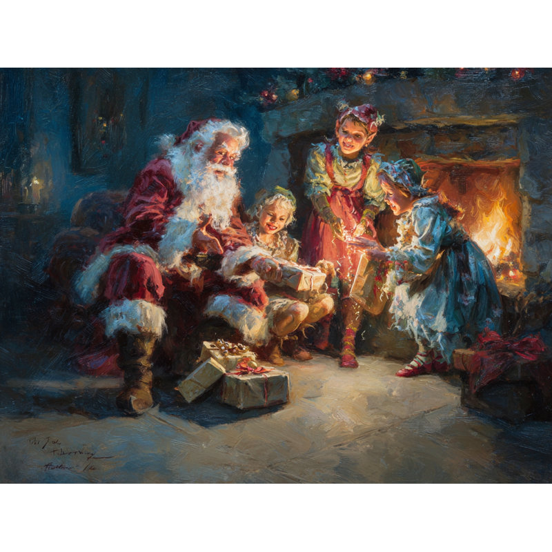 «Santa's Christmas Eve by the Fireplace», art mural sur toile, H 20 po x l 24 po