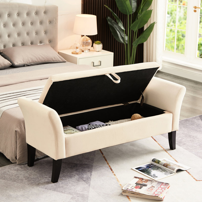 Soft Beige Velvet Shoe Bench With Storage - Solid Wooden Legs & Practical Design 51.5" For Bedroom Functional Attractive