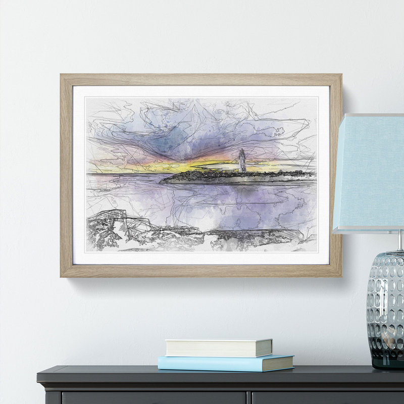 Remote Lighthouse & Seascape Sketch - Picture Frame Graphic Art Print, 36cm H x 48cm W x 2cm D, Oak Framed